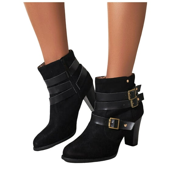 Mostsola Ankle Boots for Women Fashion Buckles Round Toe Block Heeled Booties Retro Dress Pumps