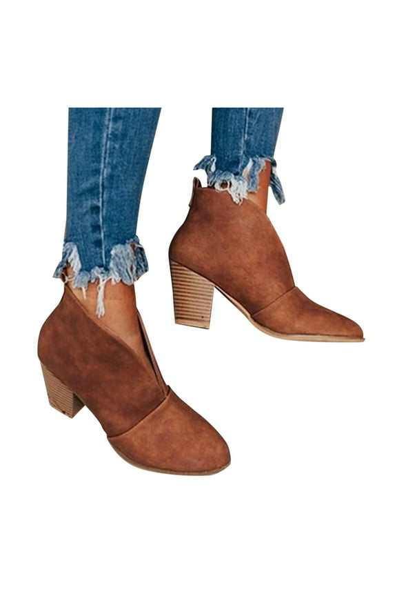 Ankle Boots for Women Fashion V Cut Round Toe Slip on Short Boots Stacked Heel Booties