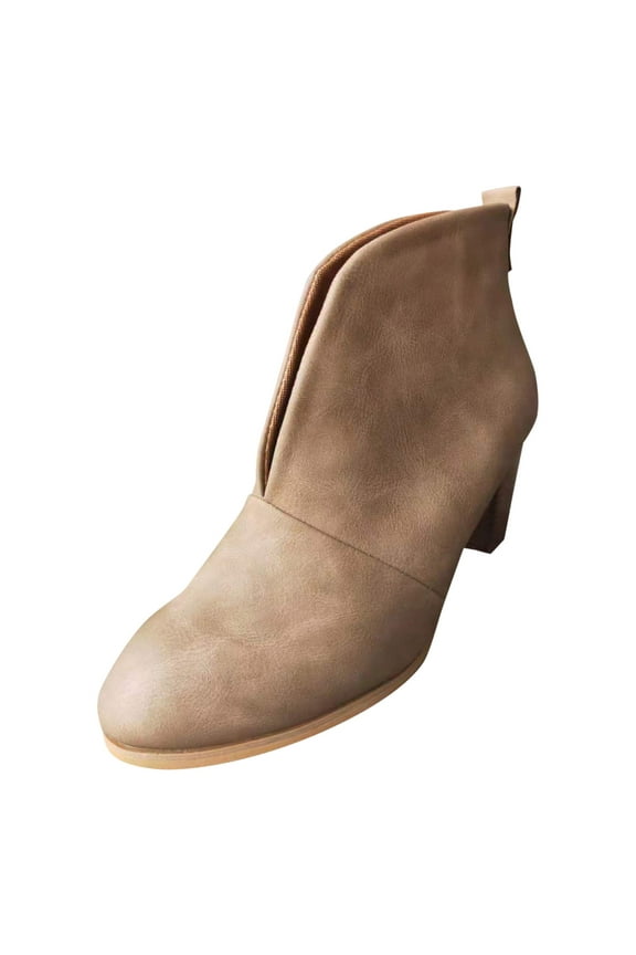 Ankle Boots for Women Fashion V Cut Round Toe Slip on Short Boots Stacked Heel Booties
