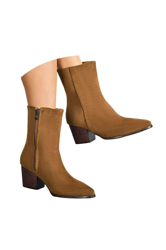 Ankle Boots for Women Low Heel Suede Pointed Toe Side Zipper Bootie Dress Shoe