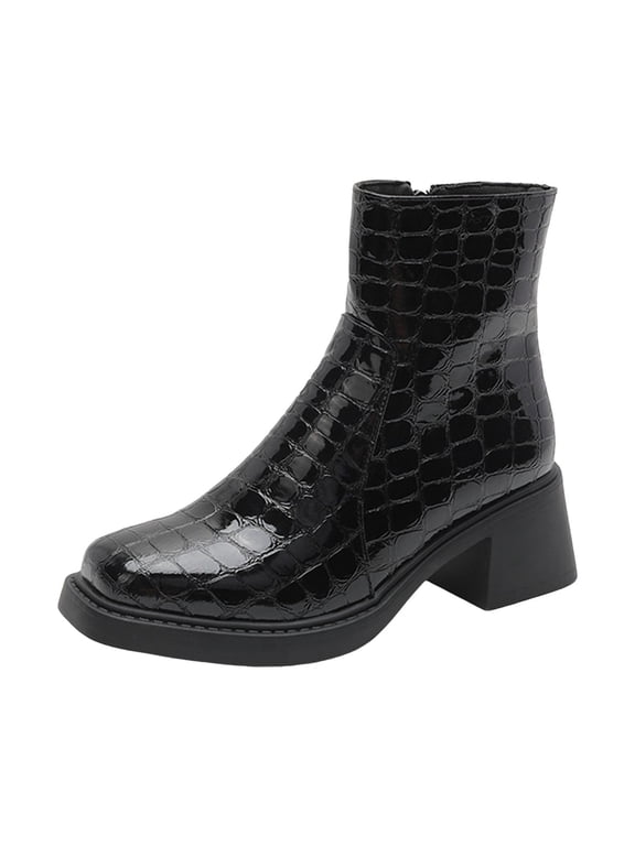 Ankle Boots for Women Square Toe Mid Heel Side Zipper Dress Snakeskin Print Booties