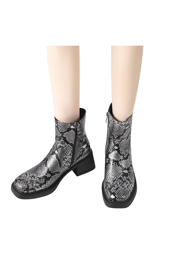 Ankle Boots for Women Square Toe Mid Heel Side Zipper Dress Snakeskin Print Booties