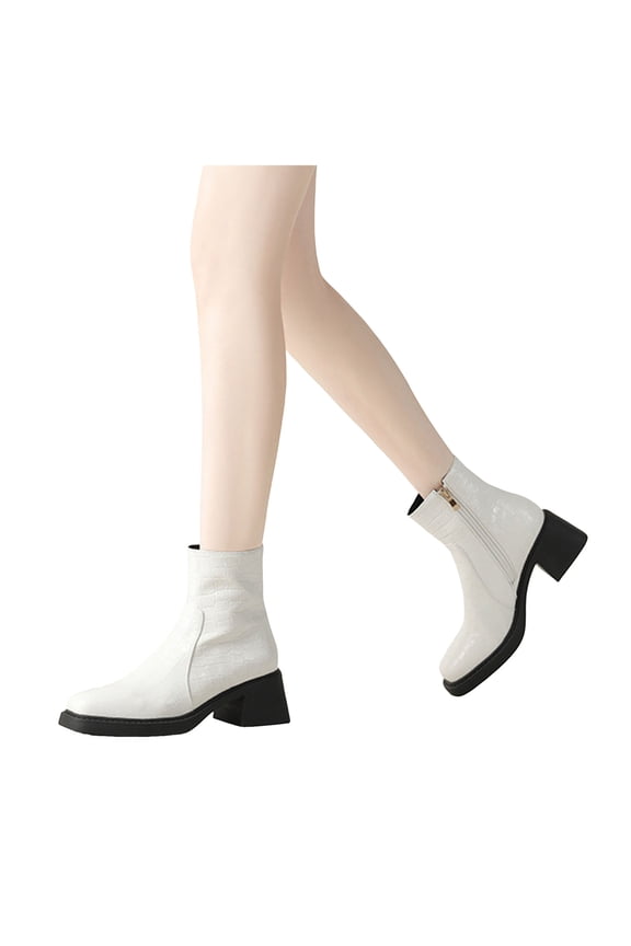 Ankle Boots for Women Square Toe Mid Heel Side Zipper Dress Snakeskin Print Booties