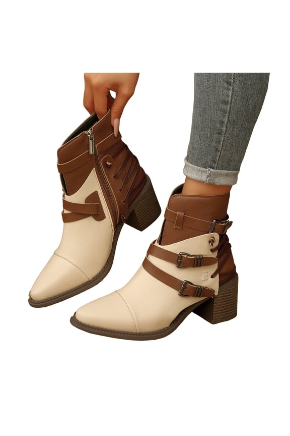 Ankle Boots for Women Trendy Buckle Strap Heeled Chelsea Booties Zipper Mid Calf Boots