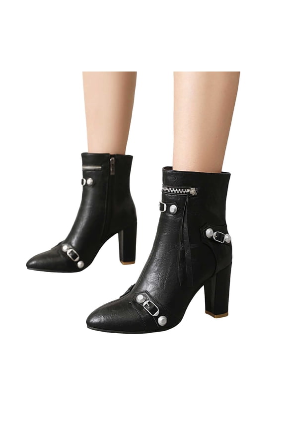 Ankle Boots for Women VIntage Studded Buckle Booties Sexy Pointed Toe Zipper Fall Boots
