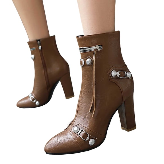 Mostsola Ankle Boots for Women VIntage Studded Buckle Booties Sexy Pointed Toe Zipper Fall Boots