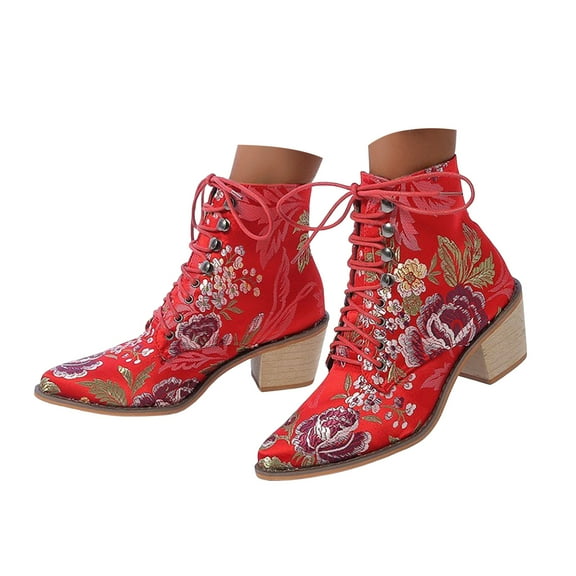 Mostsola Ankle Boots for Women Vintage Floral Embroidery Lace up Pointed Toe Heeled Booties
