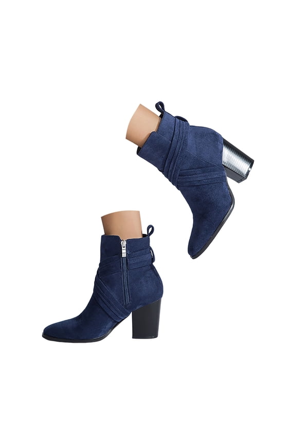 Ankle Boots for Women Vintage Suede Cross Band Side Zipper Block Heel Booties