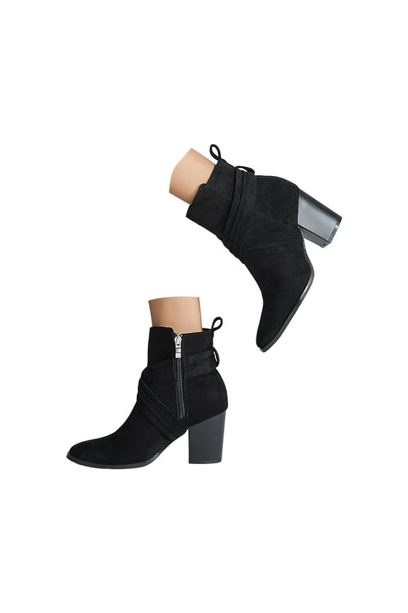 Ankle Boots for Women Vintage Suede Cross Band Side Zipper Block Heel Booties