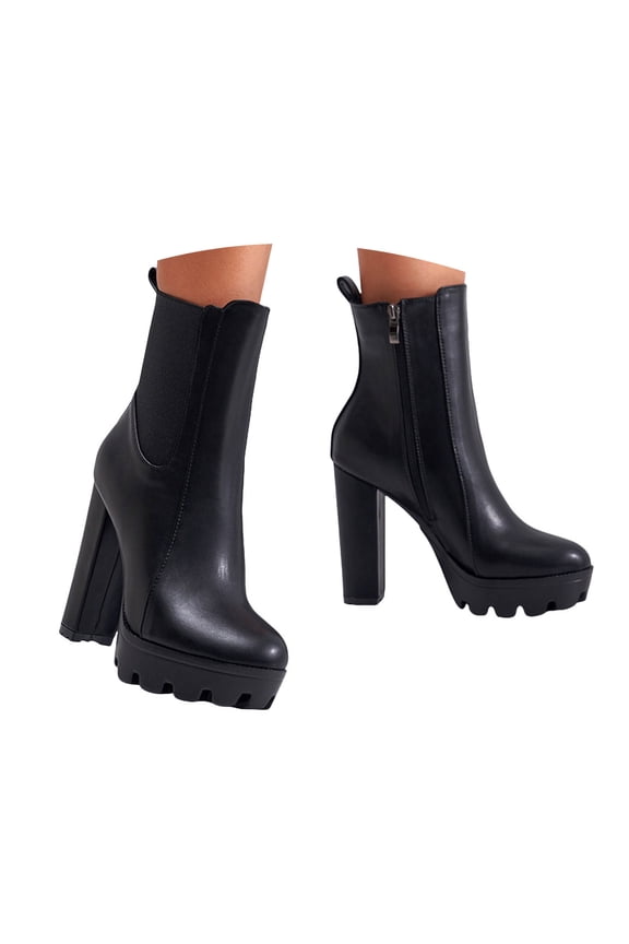 Black Boots for Women Elastic Ankle Boots Zip up Platform Heels Fashion Block Heeled Pumps