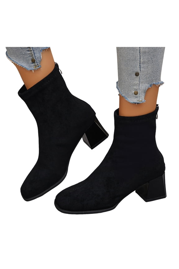 Black Boots for Women Square Toe Chunky Heel Suede Trendy Elastic Zipper Gogo Ankle Boots