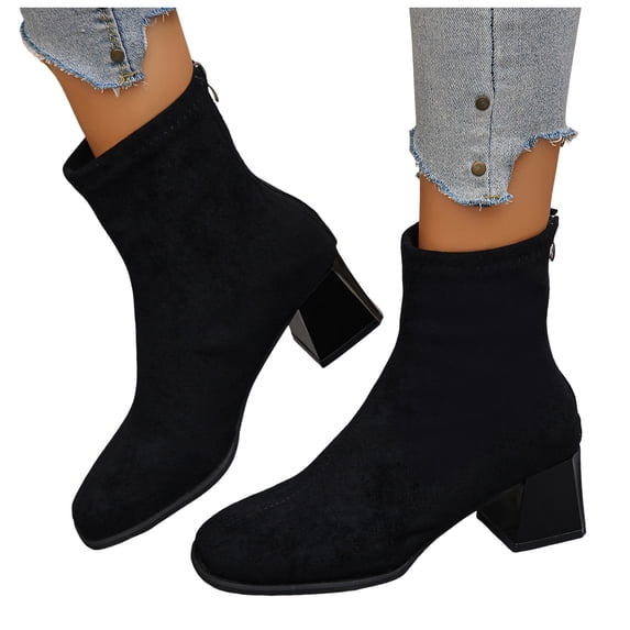 Mostsola Black Boots for Women Square Toe Chunky Heel Suede Trendy Elastic Zipper Gogo Ankle Boots