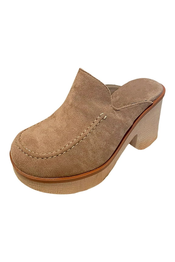 Block Heel Mules for Women Platform Sandals Closed Toe Slip on Clogs Suede Dress Shoes