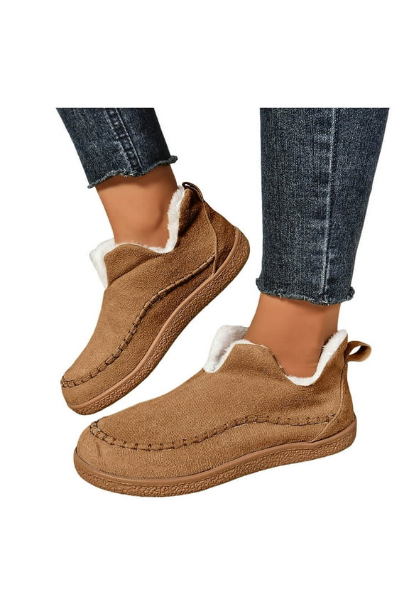 Boots Slippers for Women Comfort Moccasins Suede Round Toe Plush Slip on House Shoes