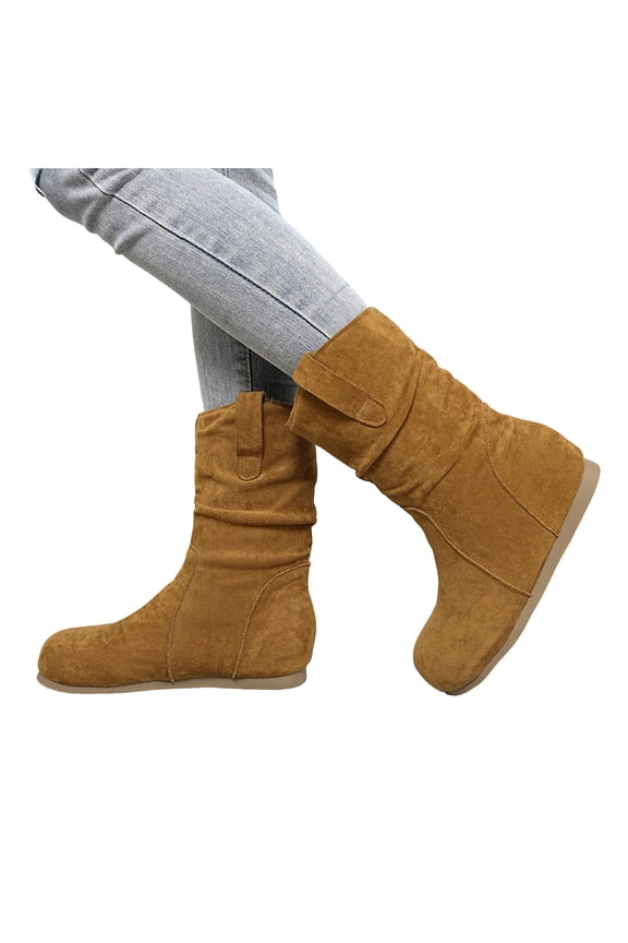 Boots for Women Casual Suede Pull on Mid Calf Boots Western Flats Shoes Ankle Boots