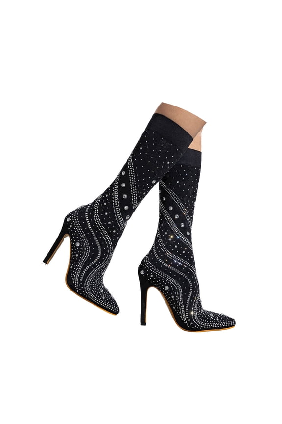 Boots for Women Elegant Rhinestone Stiletto Pointed Toe Elastic Knit Heels Mid Calf Boots