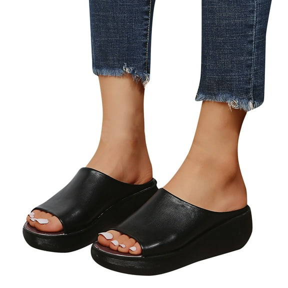 Mostsola Casual Platform Slides for Woman Peep Toe Wedge Mules Comfortable Slip on Heeled Sandals