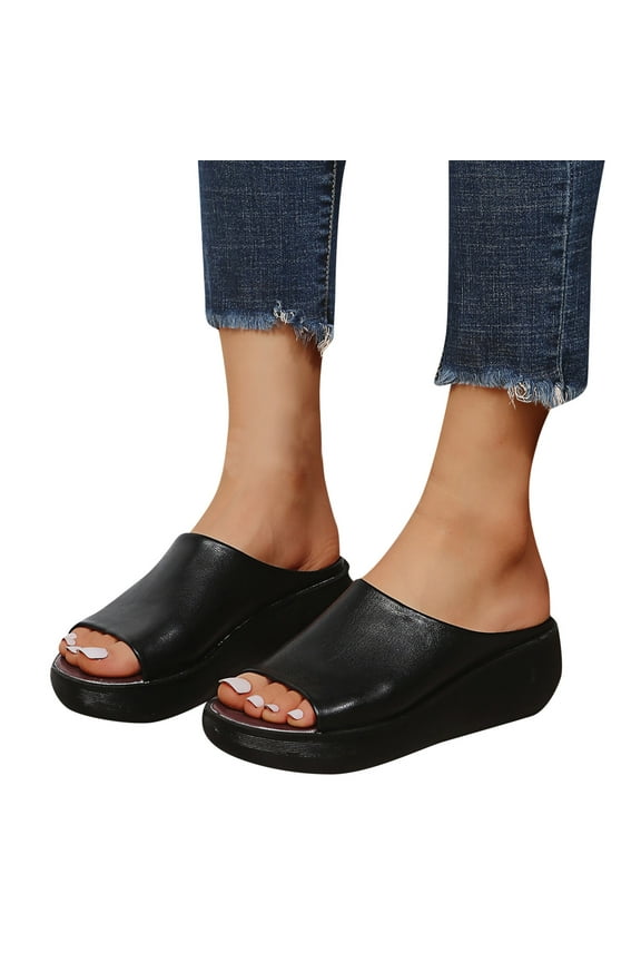 Casual Platform Slides for Woman Peep Toe Wedge Mules Comfortable Slip on Heeled Sandals