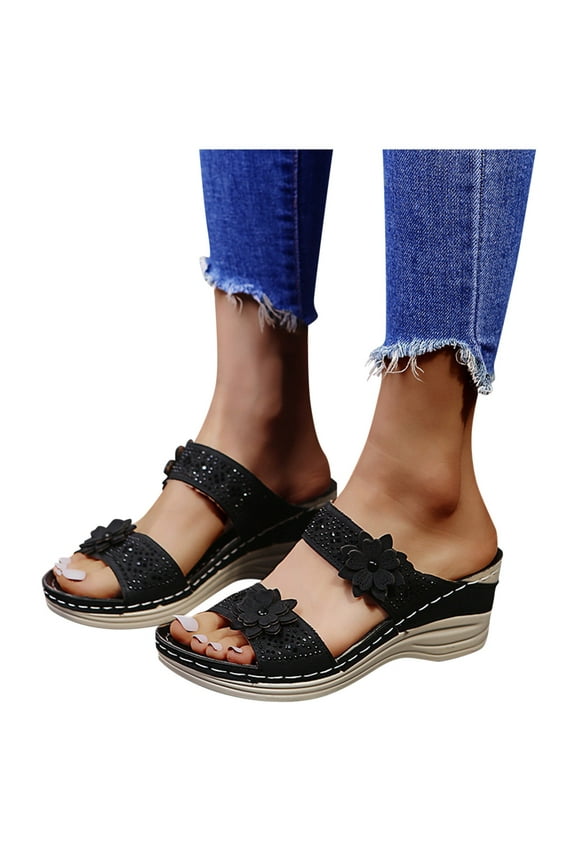 Casual Wedge Sandals Womens Bohemian Flower Platform Open Toe Slides Walking Shoes