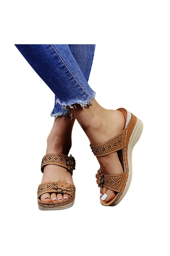 Casual Wedge Sandals Womens Bohemian Flower Platform Open Toe Slides Walking Shoes