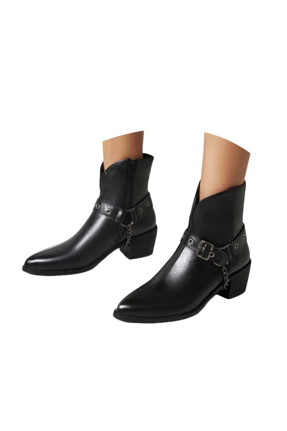 Chelsea Boots Women Fashion Buckle Chain Zip up Pointed Toe Heel Retro Fall Booties
