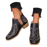 JHOKCI Chelsea Cowboy Boots for Women Square Toe Western Boots Embroidery Casual Ankle Boots