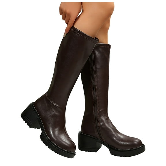 Mostsola Chuinky Heel Knee High Boots Women Round Toe Platform Zip up Gogo Boots Dressy Booties