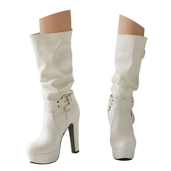 Mostsola Boots for Women Platform Heeled Mid Calf Punk Boots Pull on Wide Calf Tall Boots