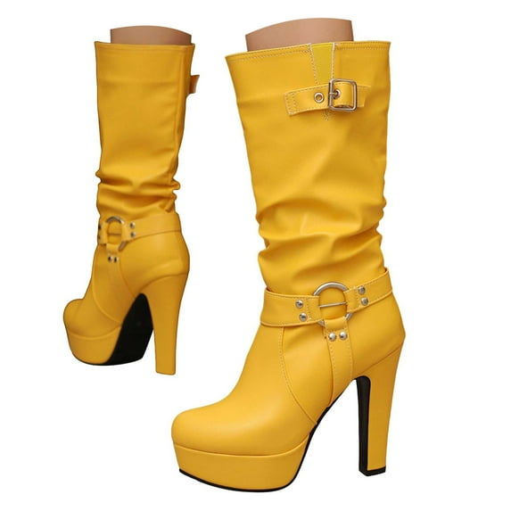 Mostsola Boots for Women Platform Heeled Mid Calf Punk Boots Pull on Wide Calf Tall Boots