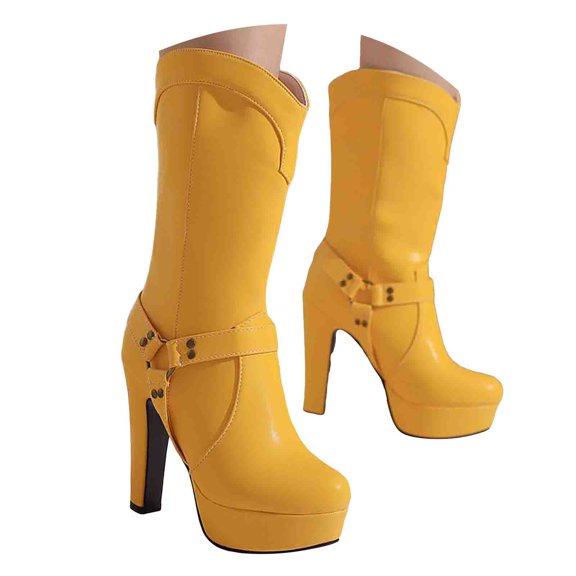 Mostsola Boots for Women Platform Heeled Mid Calf Punk Boots Pull on Wide Calf Tall Boots