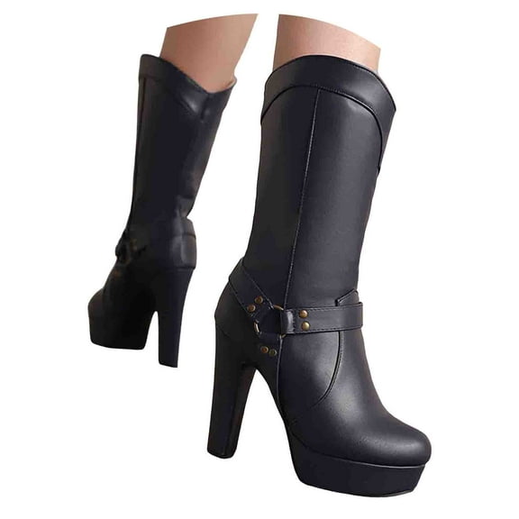 Mostsola Boots for Women Platform Heeled Mid Calf Punk Boots Pull on Wide Calf Tall Boots