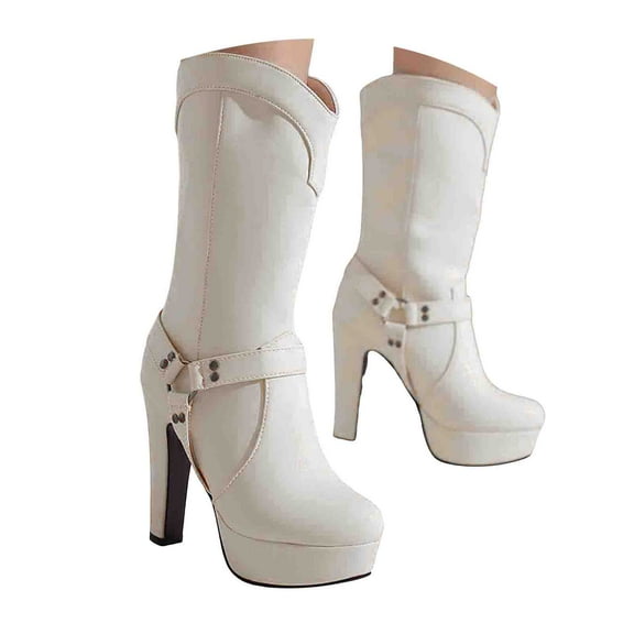 Mostsola Boots for Women Platform Heeled Mid Calf Punk Boots Pull on Wide Calf Tall Boots