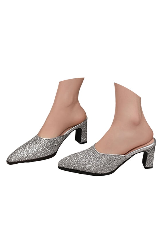 Heel Mules for Women Mules Glitter Slip on Closed Pointed Toe Backless Loafers