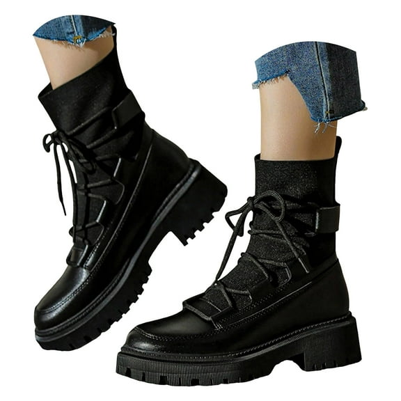 Mostsola Combat Boots Womens Lug Sole Ankle Boots Lace up High Top Elastic Sock Shoes
