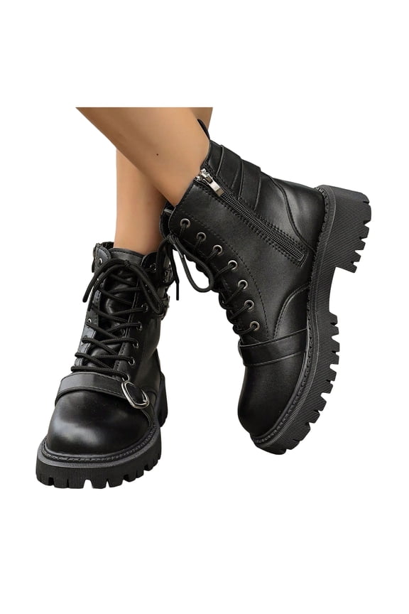 Combat Boots Womens Lace up Ankle Boots Lug Sole Fashion Buckle Strap Short Booties