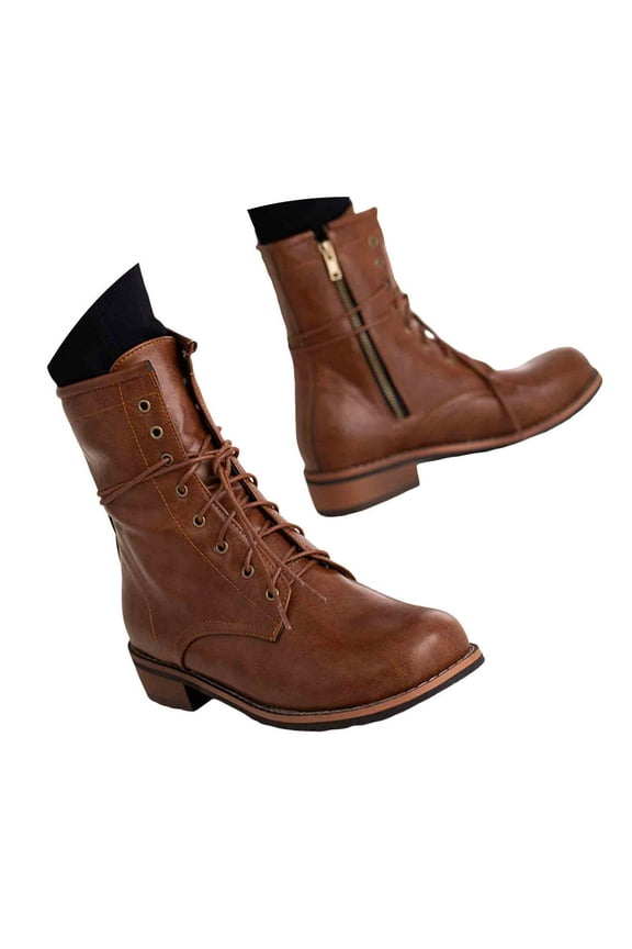 Combat Boots Womens Round Toe Lace up Casual Leather Ankle Boots Fashion Zipper Booties