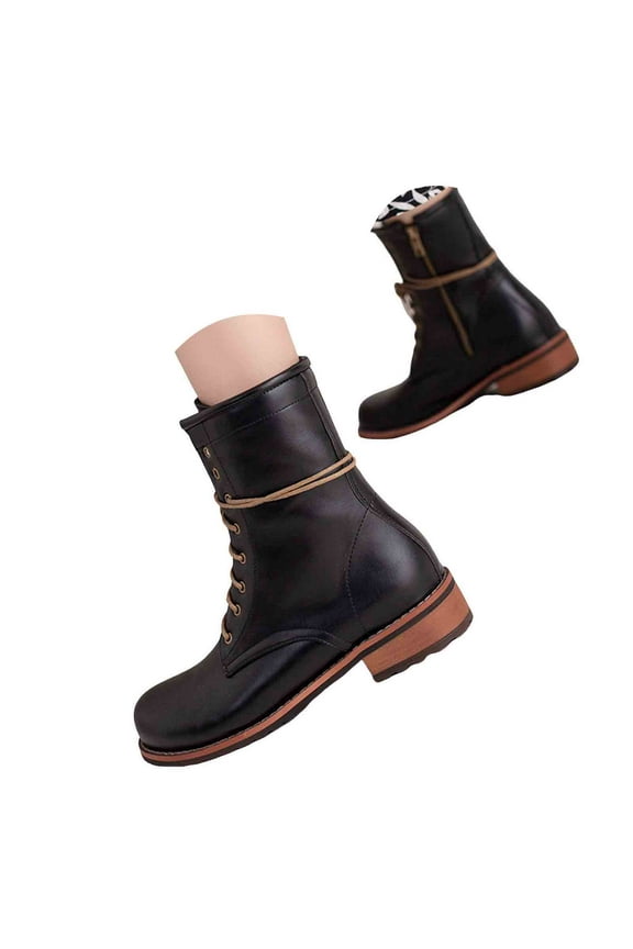 Combat Boots Womens Round Toe Lace up Casual Leather Ankle Boots Fashion Zipper Booties