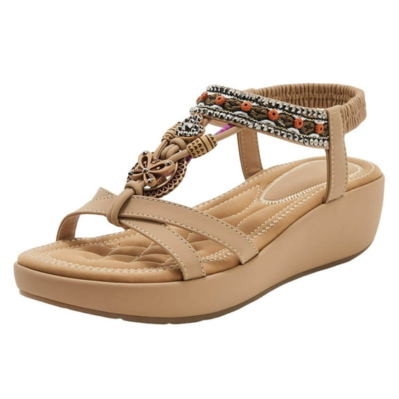 Mostsola Comfort Platform Wedge Sandals for Women with Arch Support Beaded T-Strap Walking Shoes