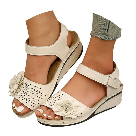 Mostsola Comfortable Sandals for Women Low Wedge Heel Boho Flower Hollow out Ankle Strap Dress Shoes