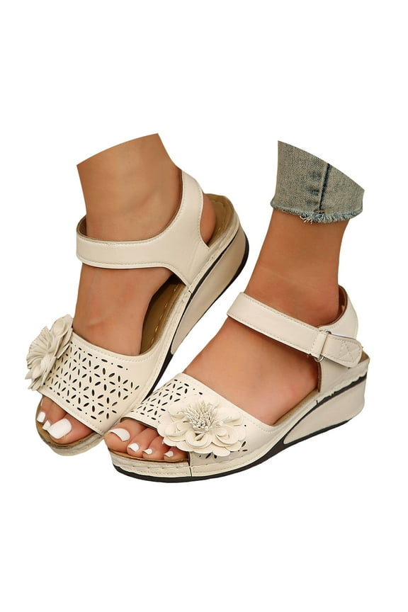 Comfortable Sandals for Women Low Wedge Heel Boho Flower Hollow out Ankle Strap Dress Shoes