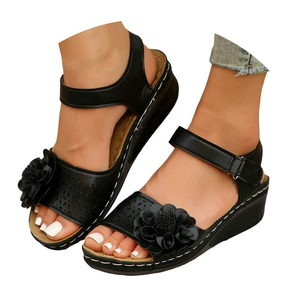 Mostsola Comfortable Sandals for Women Low Wedge Heel Boho Flower Hollow out Ankle Strap Dress Shoes