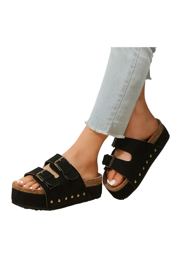 Cork Footbed Sandals for Women Comfortable Cushion Double Buckle Slip on Platform Slides