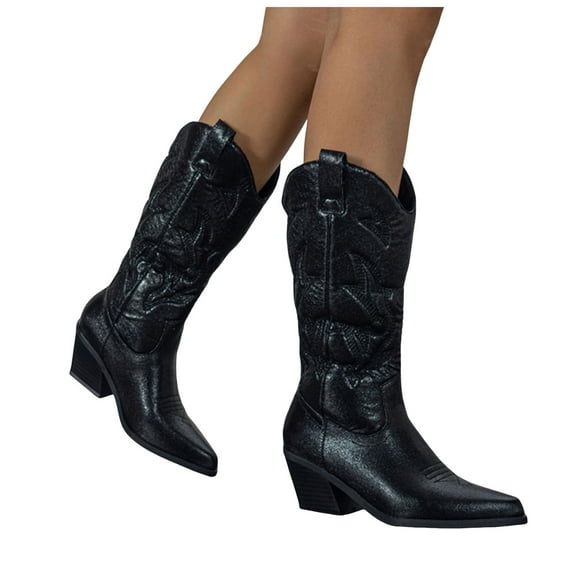 Mostsola Cowboy Boots Cowgirl Boots for Women Stacked Heel Embroidery Mid Calf Weatern Boots
