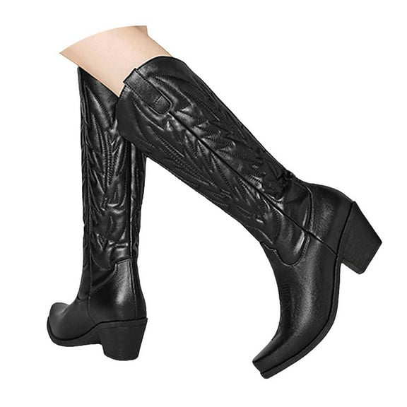 Mostsola Cowboy Boots for Women Embroidered Pull on Heel Pointy Toe Knee High Western Boots