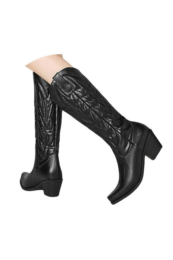 Cowboy Boots for Women Embroidered Pull on Heel Pointy Toe Knee High Western Boots