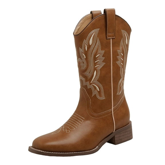 Mostsola Cowboy Boots for Women Furry Lined Square Toe Embroidered Cowgirl Boots Mid Calf Boots