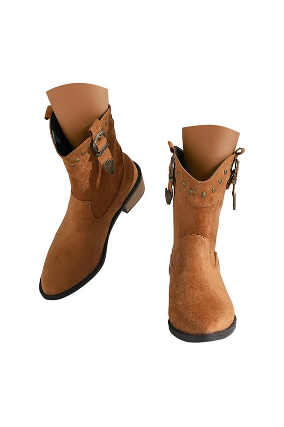 Cowboy Boots for Women Retro Buckle Studded Western Booties Suede Cowgirl Short Boots