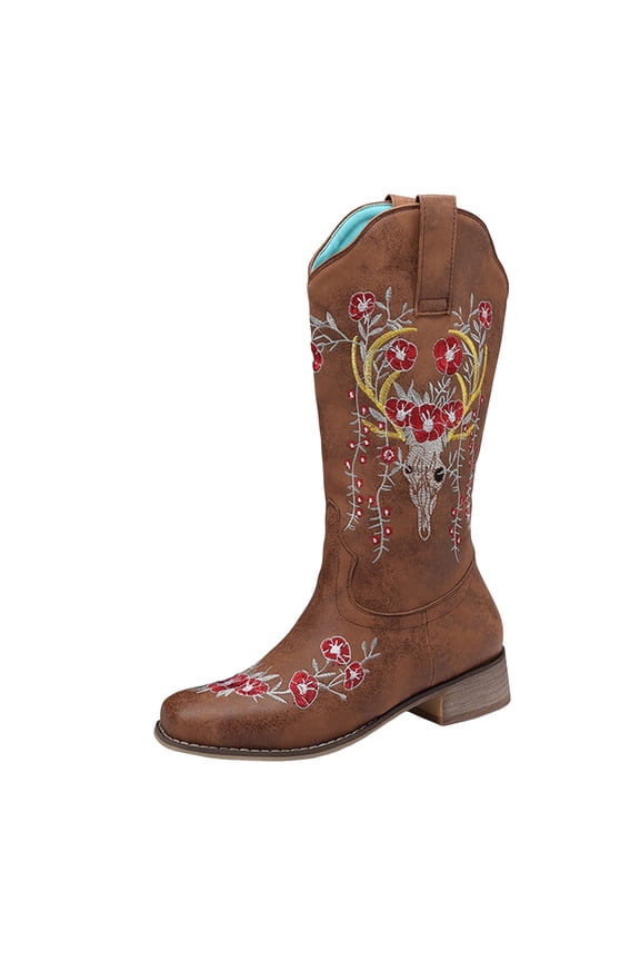 Cowboy Boots for Women Retro Embroidery Country Concert Dressy Mid Calf Cowgirl Boots