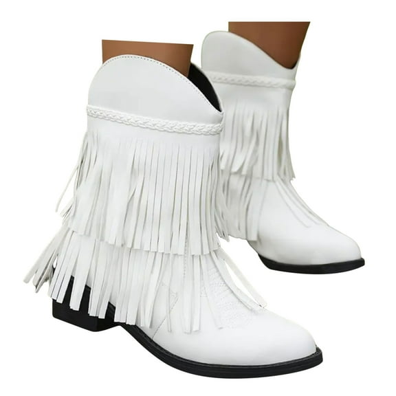 Mostsola Cowboy Boots for Women Round Toe Embroidery Fringe Cowgirl Boots Heeled Western Boots