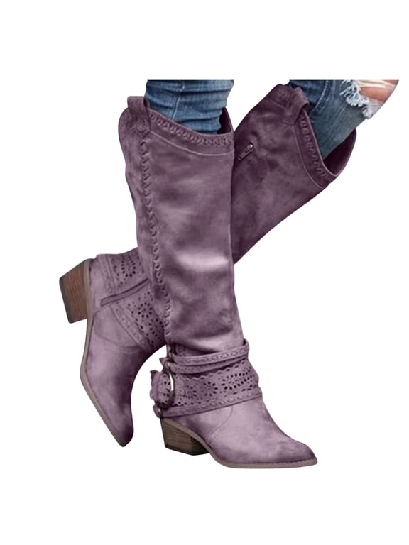 Cowboy Boots for Women Round Toe Low Heel Slouchy Mid Calf Boots with Side Zipper